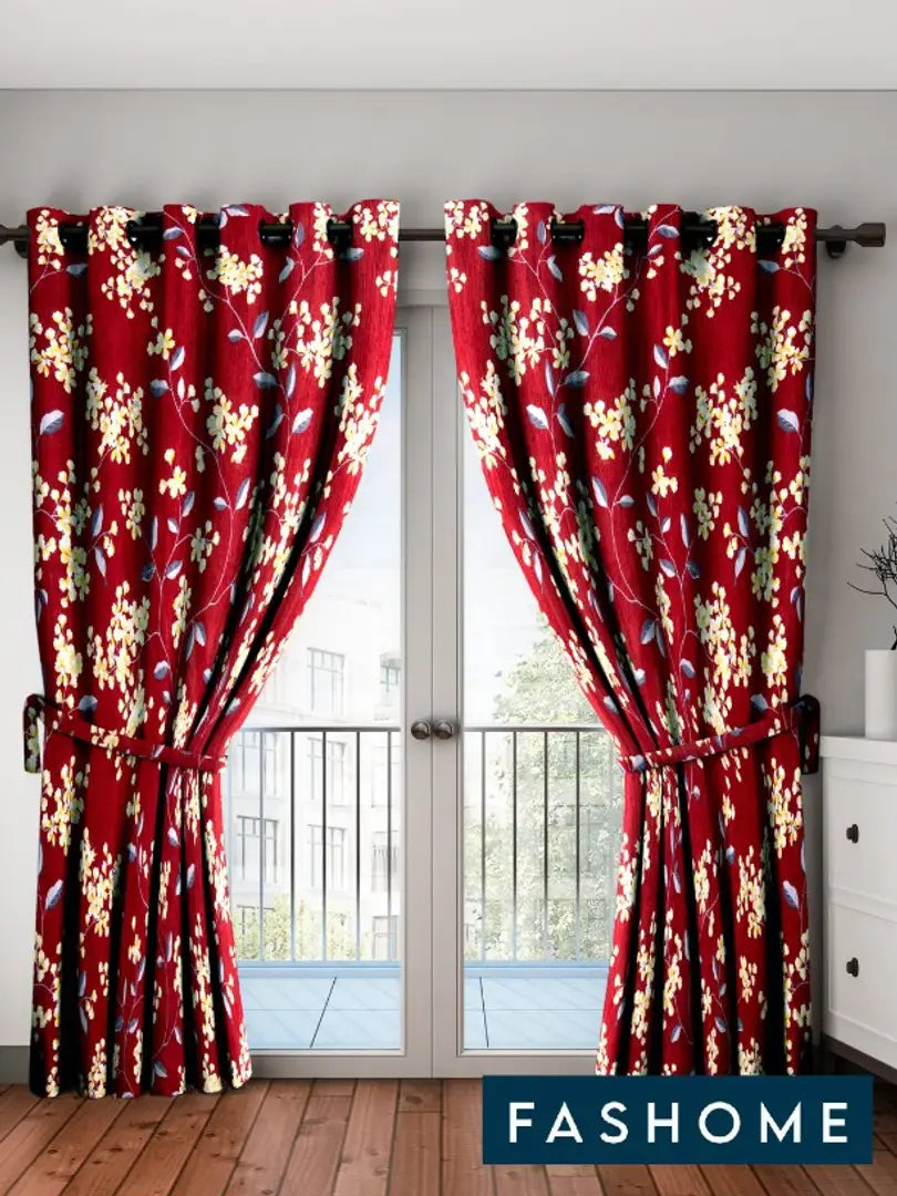 FasHome Maroon Printed Polyester Eyelet Fitting Door Curtain - 7 Feet (Pack of 2)