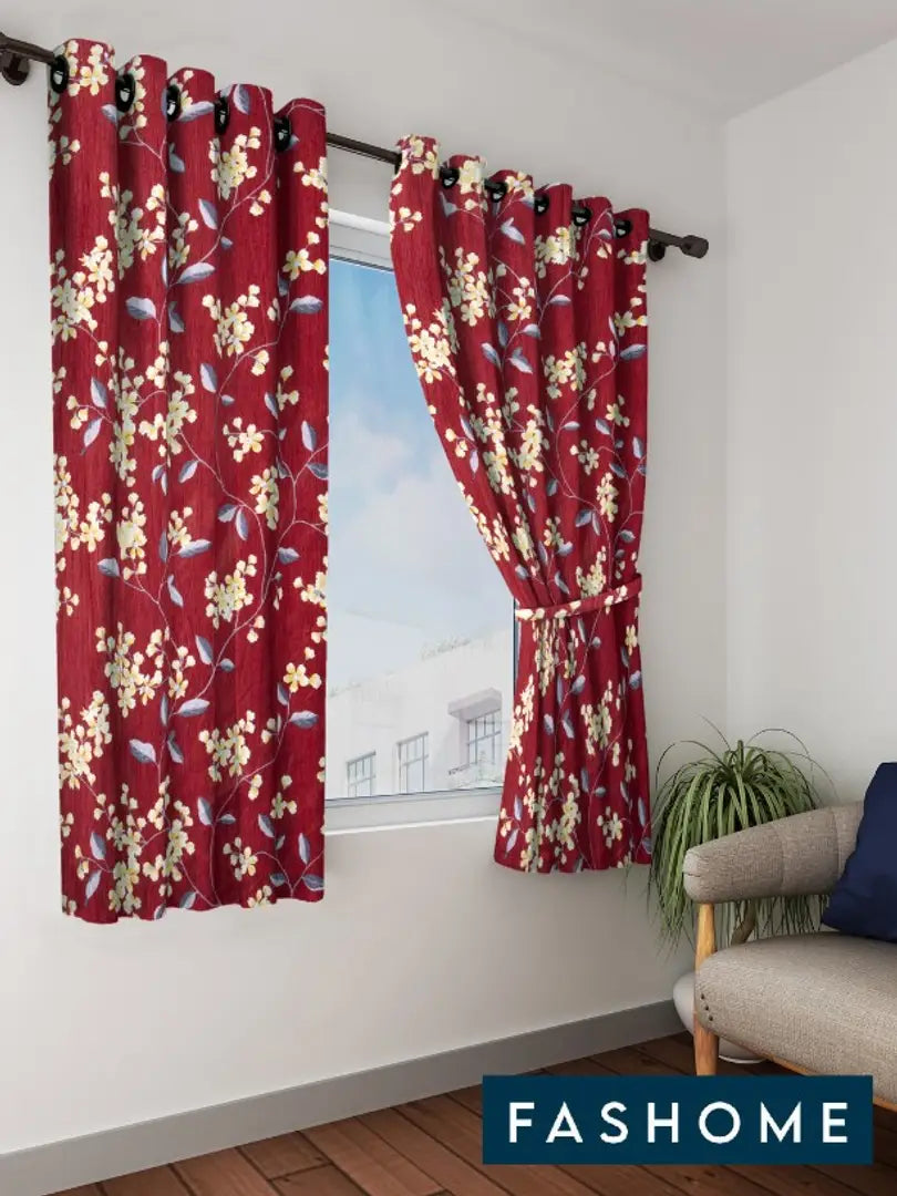 FasHome Maroon Printed Polyester Eyelet Fitting Windows Curtain - 5 Feet (Pack of 2)