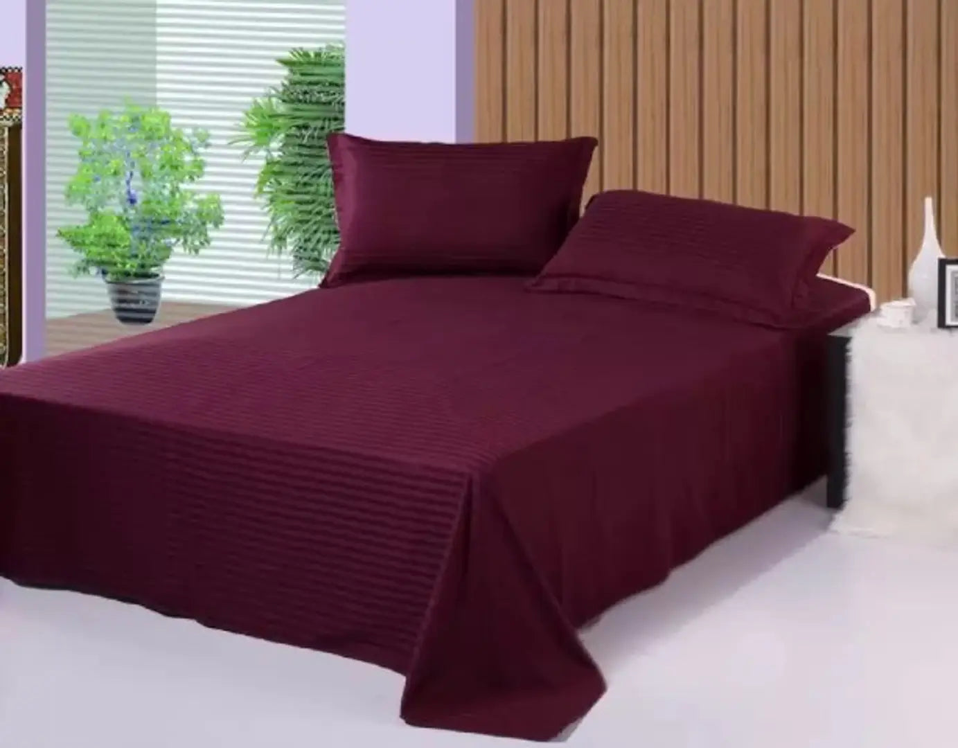 Solid Stripes queen size elastic fitted bedsheet with 2 pillow covers (size-90*100 inches)