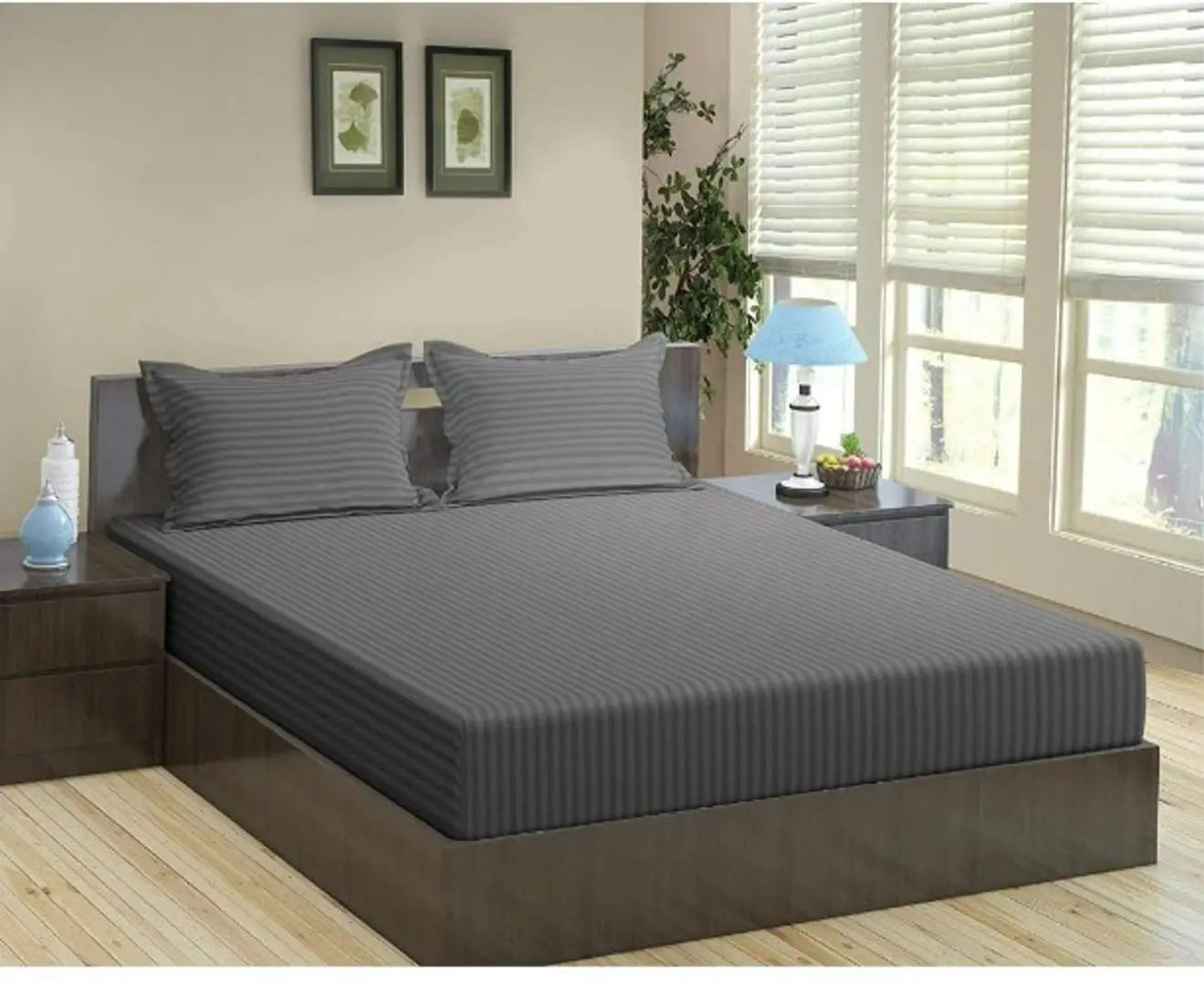 Solid Stripes Queen size elastic fitted bedsheet with 2 pillow covers (size-90*100 inches) fits upto 8 inch mattress