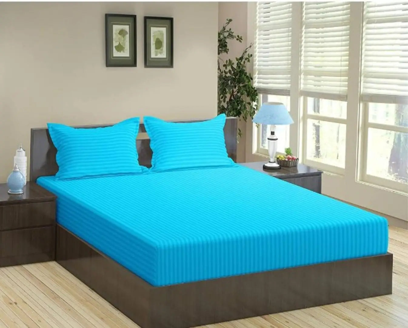 Solid Stripes Queen size elastic fitted bedsheet with 2 pillow covers (size-90*100 inches) fits upto 8 inch mattress