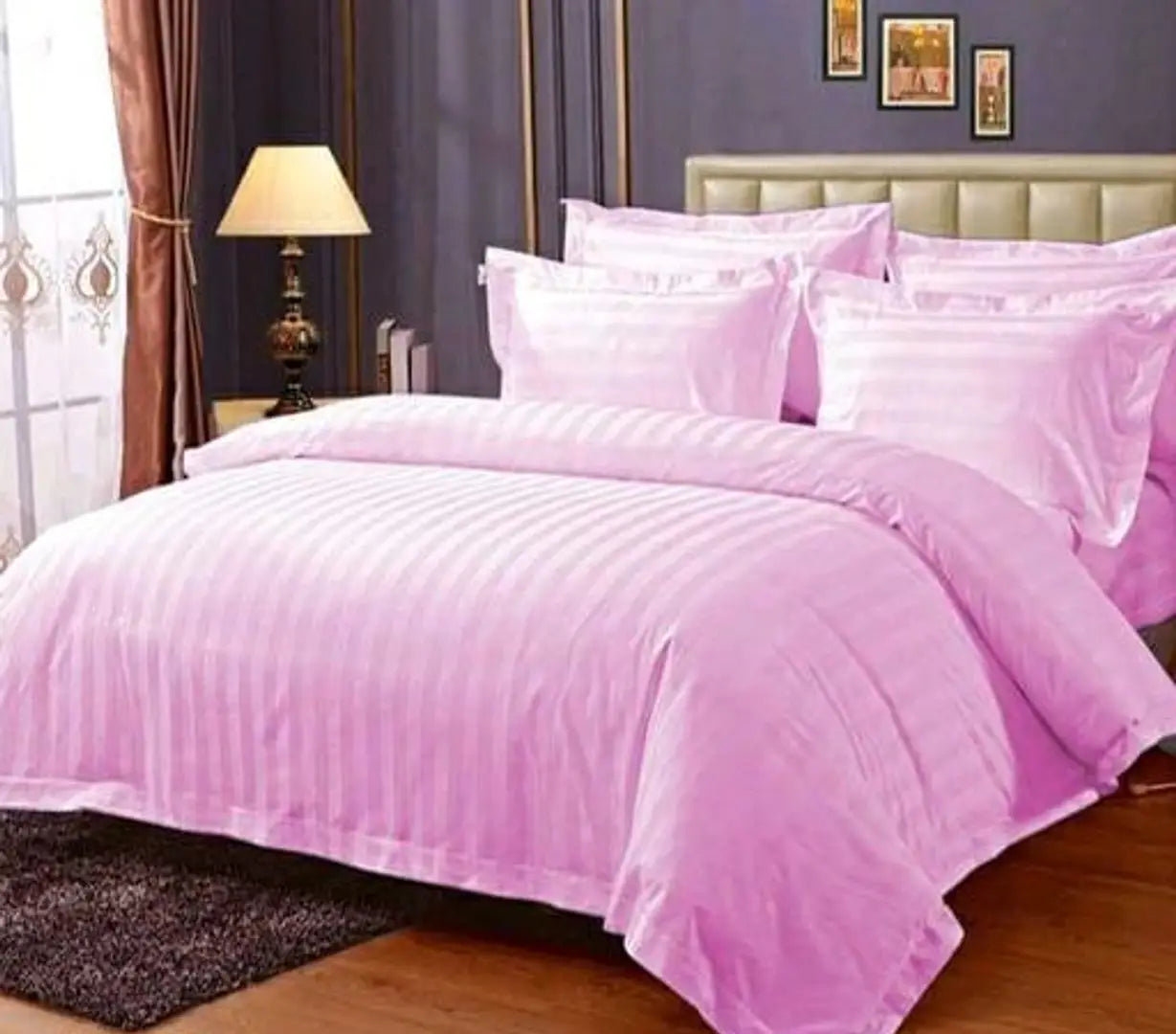 Solid Stripes queen size elastic fitted bedsheet with 2 pillow covers (size-90*100 inches) Fits upto 8 inch mattress