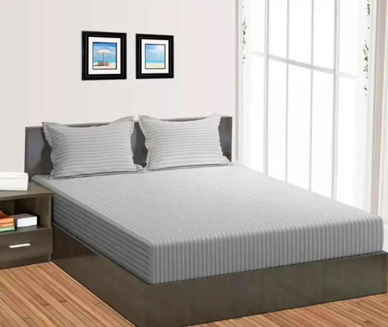 Solid Stripes queen size elastic fitted bedsheet with 2 pillow covers (size-90*100 inches) Fits upto 8 inch mattress