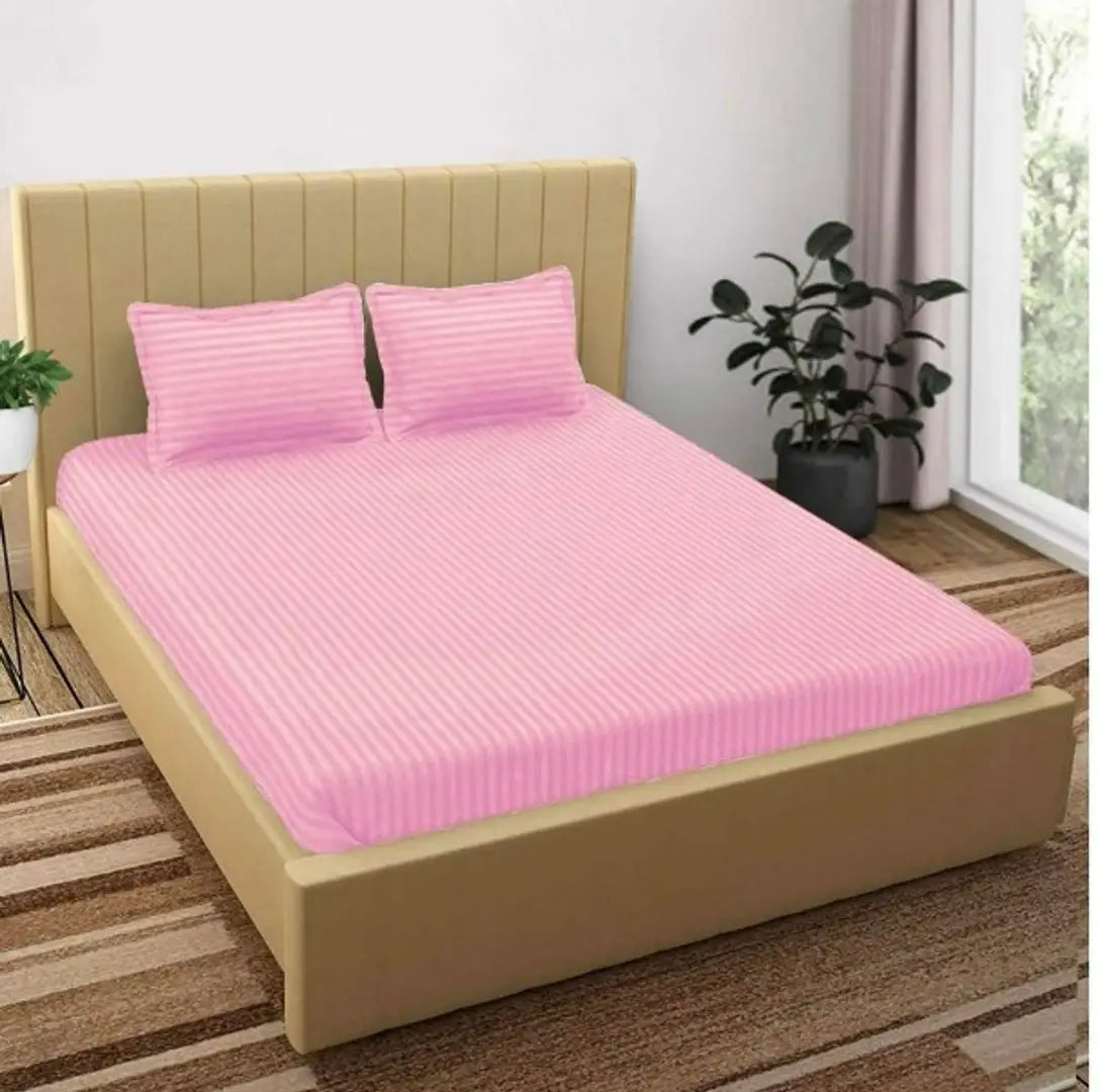 Solid Stripes queen size elastic fitted bedsheet with 2 pillow covers (size-90*100 inches) Fits upto 8 inch mattress