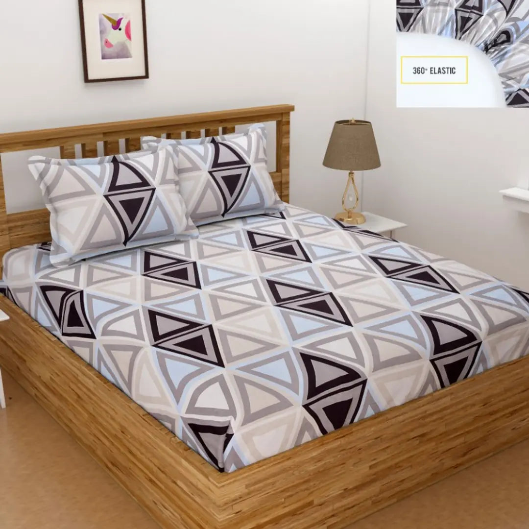 Stylish Cotton Blend 3D Printed Elastic Fitted Double Bedsheet