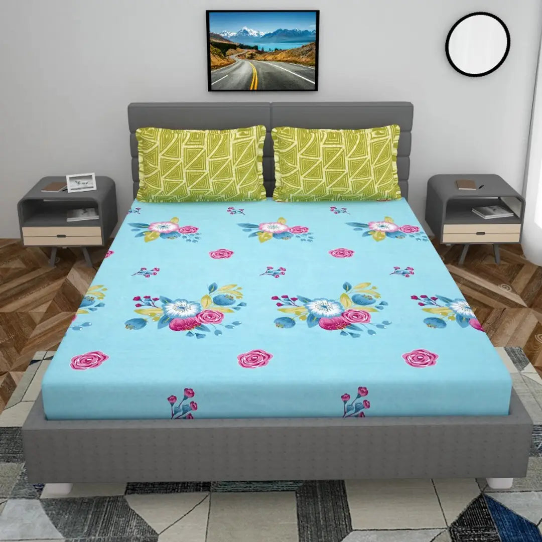 heavy glace cotton double bed king size elastic fitted bedsheet with cordinated pillow cover