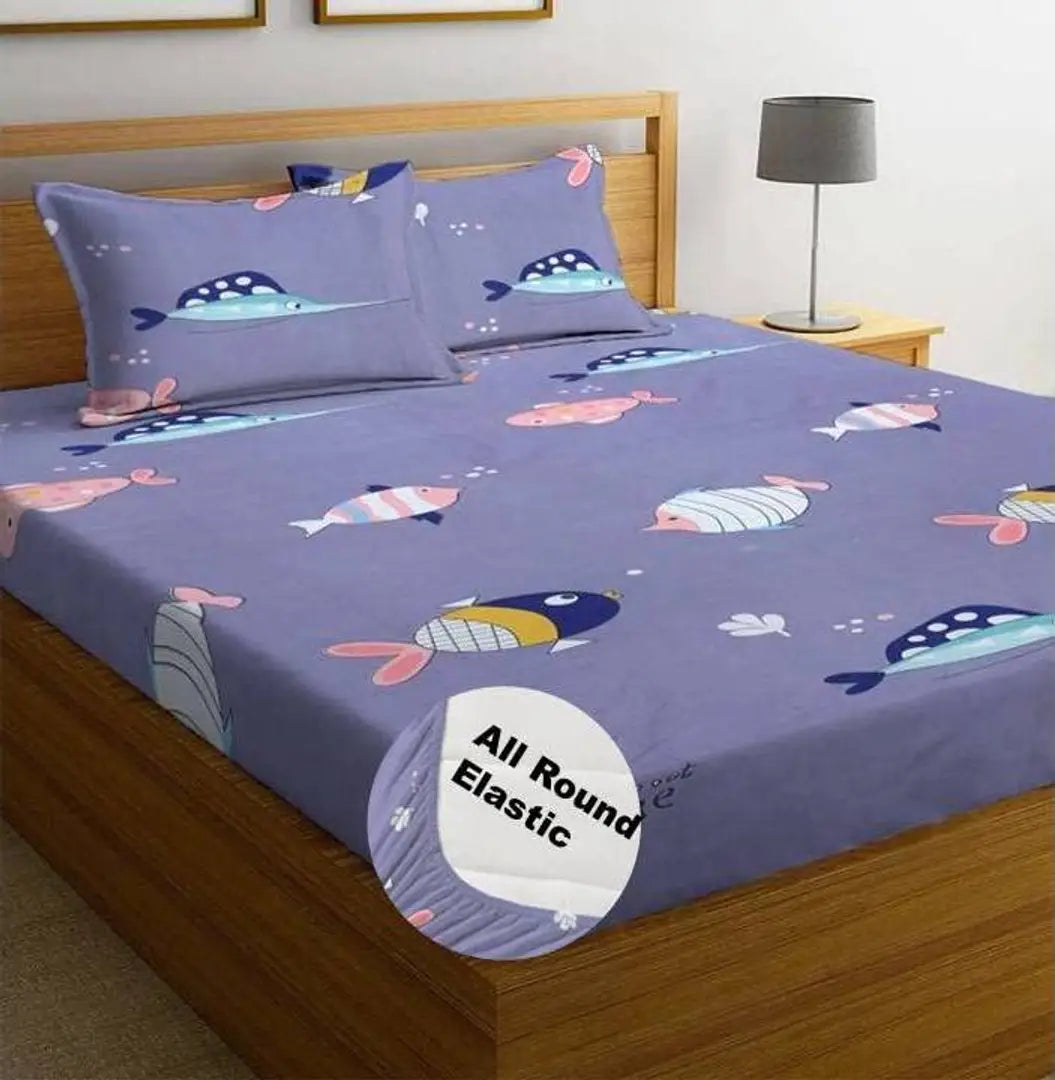 DWORTH Premium Cotton Elastic Fitted Bedsheets with 2 King Size Pillow Covers | Double Bed with All Around Elastic | Size - 72 King Size x 78+10 inches |Fish